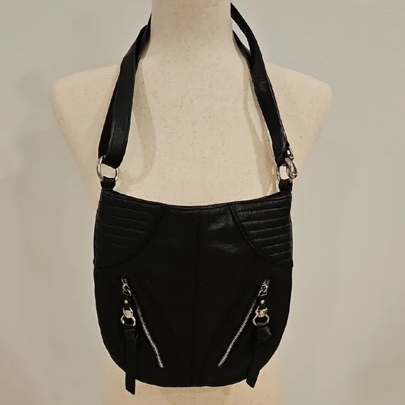 B. Makowsky Leather Shoulder Bag with Zipper Accents - Picture 1 of 7